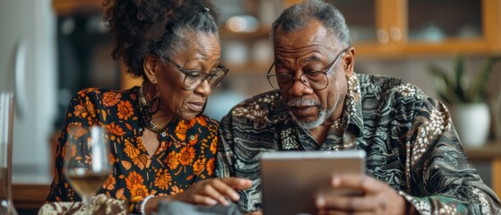 Poster - An older couple is looking at a tablet computer together. Generative AI.