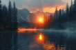 Stunning sunrise over calm mountain lake with mist pine trees tranquility. Concept Sunrise Photography, Mountain Lake, Misty Pine Trees, Tranquil Moments