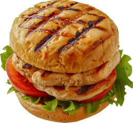 Wall Mural - Grilled chicken burger with fresh vegetables cut out png on transparent background