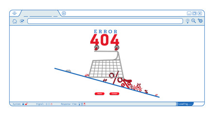 Wall Mural - Error 404 abstract browser homepage design with shopping cart, percentage vector. Webpage internet security warning to use in web shop, web development, webpage error, error 404 projects. 