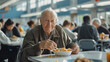 Realistic photo, elderly, white man, very happy, seated eating plate of food, Side view, white table, HIGH SCHOOL CAFETERIA FULL OF PEOPLE. The tone is clear , contrasts with the white blue background