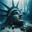 The Statue Of Liberty underwater lying on sea bed sand. Fallen Liberty.