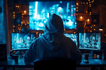 Hooded person in a high-tech workspace with multiple screens. Generative AI image