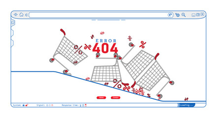 Wall Mural - Error 404 abstract browser webpage design with shopping carts, percentage vector. Creative webpage internet security warning to use for webshop, web development, webpage error, error 404 projects. 