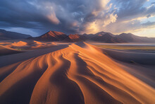 Majestic Desert Dunes Under A Dramatic Sunset Sky Generative AI Image