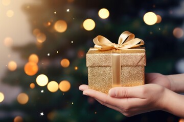 Hands holding little gold gift with gold bow on festive lights bokeh