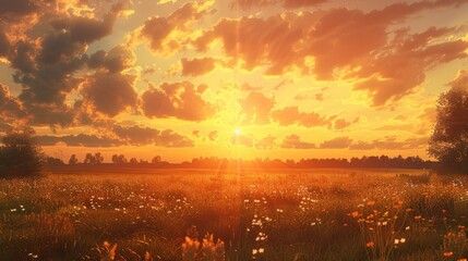 Canvas Print - Beautiful sunset over a field of colorful flowers. Perfect for nature and landscape designs