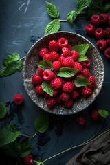 Wall Mural - A bowl filled with raspberries and green leaves. Perfect for food and healthy lifestyle concepts