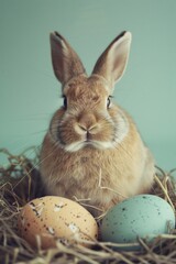 Canvas Print - A cute rabbit sitting in a nest with eggs, perfect for Easter themes