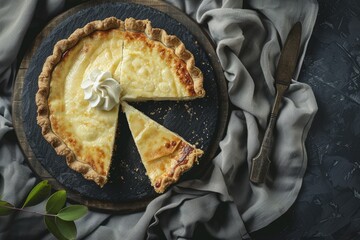 A delicious pie with a slice missing. Great for food blogs or bakery advertisements