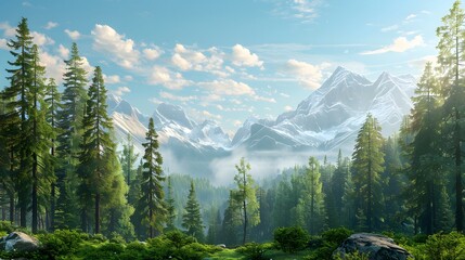 Wall Mural - 3d rendering of cartoon forest landscape with montains