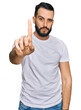 © Krakenimages.com - Young man with beard wearing casual white t shirt pointing with finger up and angry expression, showing no gesture