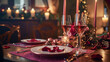 Festive table setting  with cutlery, candles and beautiful red flowers in vase