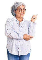 Canvas Print - Senior woman with gray hair wearing casual business clothes and glasses smiling happy pointing with hand and finger to the side