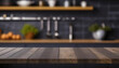 Empty kitchen wooden countertop with blurred dark kitchen on background. Mockup for the presentation of products, food and delicacies. Background with empty space for text. Generative AI.