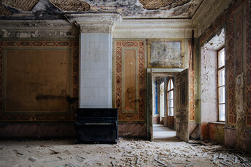 Sticker - Old majestic abandoned historical mansion Pertovo-Dalnee, Moscow region, inside view