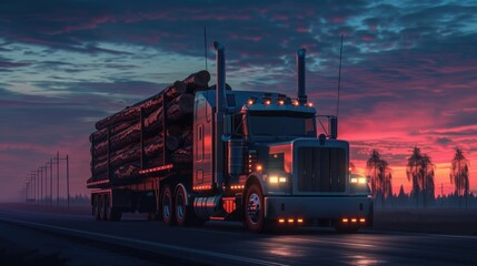 Wall Mural - A semi truck driving down a highway at sunset. Suitable for transportation industry promotions