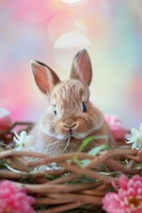 Sticker - Cute rabbit sitting in a basket surrounded by flowers. Perfect for Easter or spring-themed designs