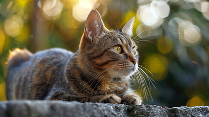 Sticker - A cat is laying on a rock, looking up at the camera