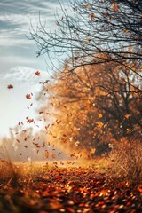 Poster - A person standing in a field with leaves flying in the air. Suitable for nature and outdoor concepts