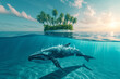Whale underwater overlooking an island with palm trees and sunset, double view simultaneously underwater and above

