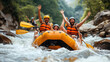 A group of four, donning life jackets and helmets, exudes excitement while navigating a raft through challenging river rapids - Generative AI
