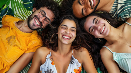 A group of four friends, two men and two women, share a moment of joy and laughter while casually lying on the grass, with lush green leaves framing their faces