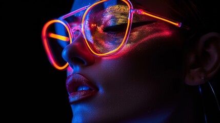 Wall Mural - A fashion model woman poses in neon light with fluorescent make-up and colorful make-up. An art design of female disco dancers in UV.