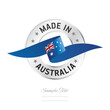 Made in Australia. Australia flag ribbon with circle silver ring seal stamp icon. Australia sign label vector isolated on white background