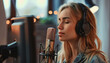  serene young blonde woman recording music with professional microphone and headphones