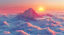 An Ethereal Sunrise Scene With Sun Rays Painting Pink And Orange Shades Across The Fluffy Cloud Tops And Mountain Range.