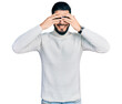 Young arab man with beard wearing elegant turtleneck sweater and glasses covering eyes with hands smiling cheerful and funny. blind concept.