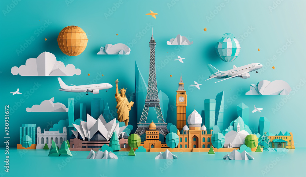 World travel concept with famous landmarks around the globe. A ...