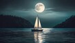 © Slainie - anime style sailboat landscape lake ocean sailing panoramic wide moonlight moon boat generated ai