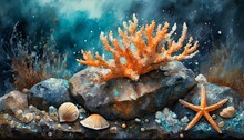 Coral On Stone Reef With Starfish And Seashell Border Watercolor Illustration For Decoration On Aquarium And Coastal Design Concept