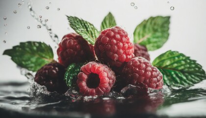 Poster - closeup of fresh delicious fruits of red raspberries with green leaves in water splash isolated on white background