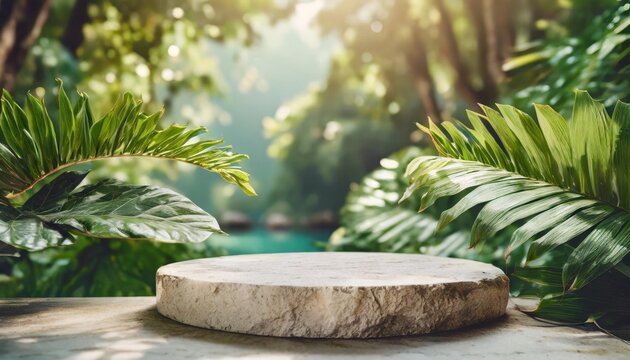 beige stone tabletop podium floor in outdoors tropical garden forest blurred green leaf plant nature background natural product placement pedestal stand display jungle paradise concept