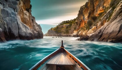 Wall Mural - view from the bow of the boat to the sea bay among the rocks