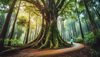 Poster - embrace the big tree green forest in the rainy season nature conservation concept protect the environment protection from deforestation or climate change people hugging trees