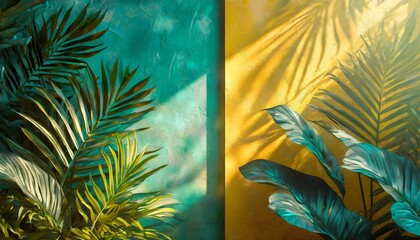 Wall Mural - bright yellow and turquoise painted walls with green tropical leaves sunlight with shadows summer spring background 3d rendering