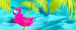 Summer background. Pink flamingo inflatable rubber on fluorescent blue water background. Trendy fluorescent summer concept design. 3D Rendering, 3D Illustration