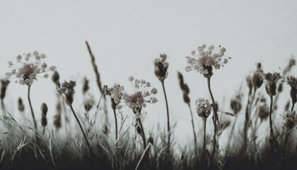 Poster - line of grass with wild flowers isolated on white background