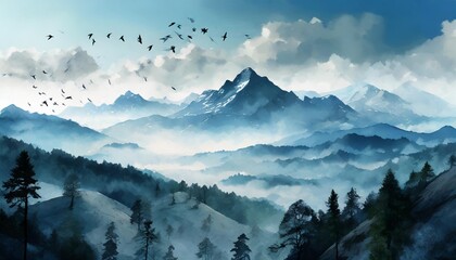 Wall Mural - vector landscape with blue silhouettes of mountains hills and forest and sky with clouds and birds