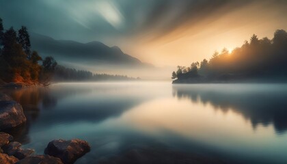 Poster - misty sunrise over calm lake