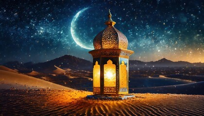 Wall Mural - ramadan kareem arabic lantern at dawn in desert with crescent moon magic abstract glitter in the light