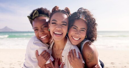 Wall Mural - Face, friends or happy people hug at ocean on holiday vacation in summer at sea in Miami, USA. Group, care or excited women at beach together with diversity, smile or love to relax in nature travel