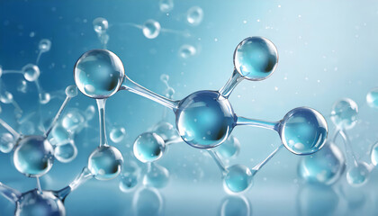 Wall Mural - Glass molecules or atoms on light blue background. Concept of biochemical, pharmaceutical, beauty, medical. Science or medical background