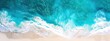 Relaxing aerial beach scene, summer vacation holiday template banner. Waves surf with amazing blue ocean lagoon, sea shore, coastline. Perfect aerial drone top view. AI generated illustration