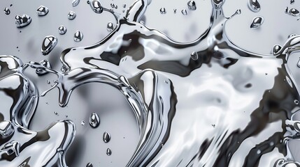 Realistic metal drops are depicted in 3D chrome paint splash, with mercury drip and liquid silver blob shapes on a transparent background, creating glittering brushstrokes for artistic effects