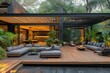 Interior design of a lavish side outside garden at morning, with a teak hardwood deck and a black pergola. Scene in the evening with couches and lounge chairs by the pool